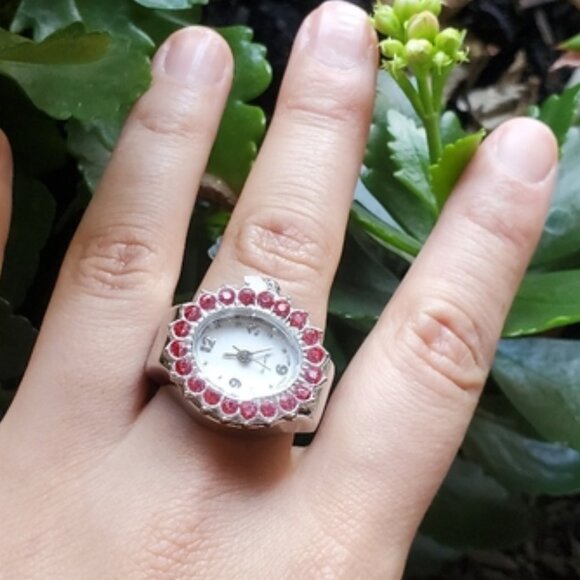 (WHOLESALE) 5 - Red Rhinestone Quartz Stretch Adjustable Silver Tone Watch Ring - Picture 1 of 7